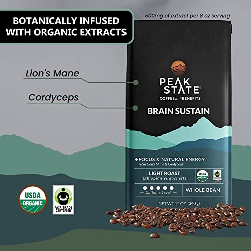 Peak State Coffee With Benefits - Mushroom Coffee Organic Coffee Beans - Brain Sustain Light Roast - Lion's Mane Coffee - Focus & Energy Support - Mold Free, Vegan, Paleo, Dairy & Gluten-Free (12 Oz Bag, Whole Bean - $1.13/Cup) #TOP2