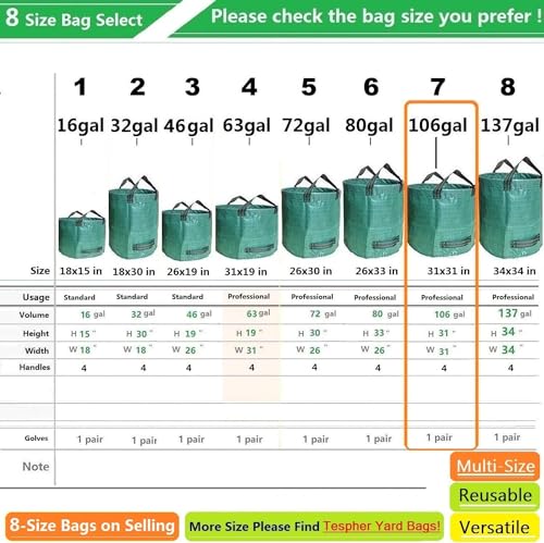Professional 2-Pack 106 Gallon Yard Lawn Garden Bags Large (D31, H31 inches) Yard Waste Bags with Gardening Gloves, Big Leaf Bag,Debris Bag,Patio Waste Bag,Lawn Grass Bag,Garden Trash Bag W/ 4 Handles - Thumbnail 7