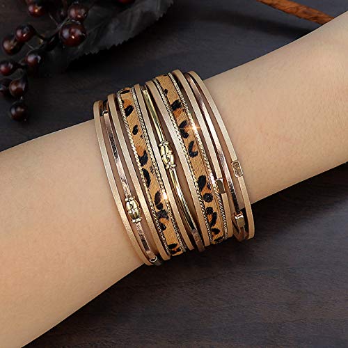 Wovanoo Leather Wrap Bracelets For Women Leopard Multi-Layer Wristband Cuff Bangle With Magnetic Buckle Gift For Birthday, Valentine's Day Wide Tube #TOP4