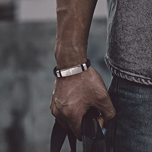 Bandmax Black Metal Id Bar Cuff Bracelet For Men Boy Wax Rope Chucky Wristband Braided Genuine Bracelet With Adjustable Buckle #TOP1