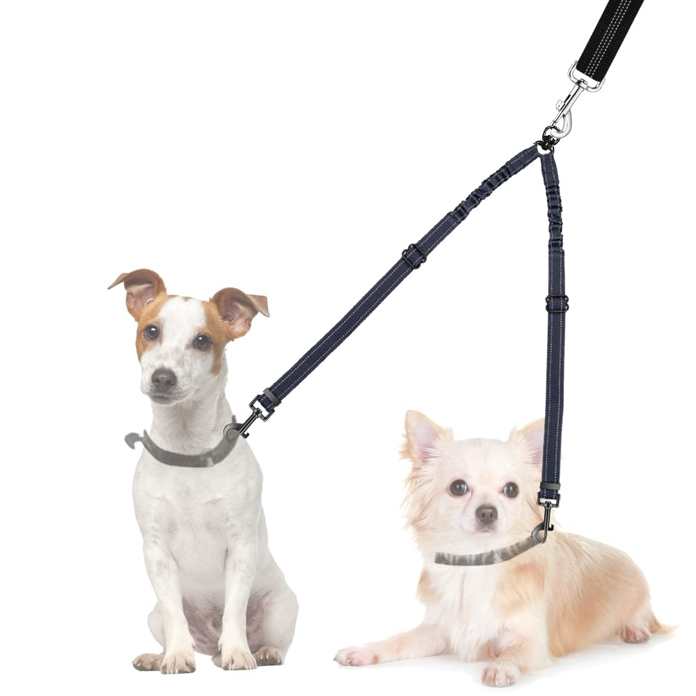 Nasjac Double Dog Lead Splitter, Lightweight No Tangle 360ｰ Rotation Dog Leash Coupler for Walking 2 Dogs, Adjustable Shock Absorbing Bungee Reflective Dual Split Lead for Two Small Twin Puppy
