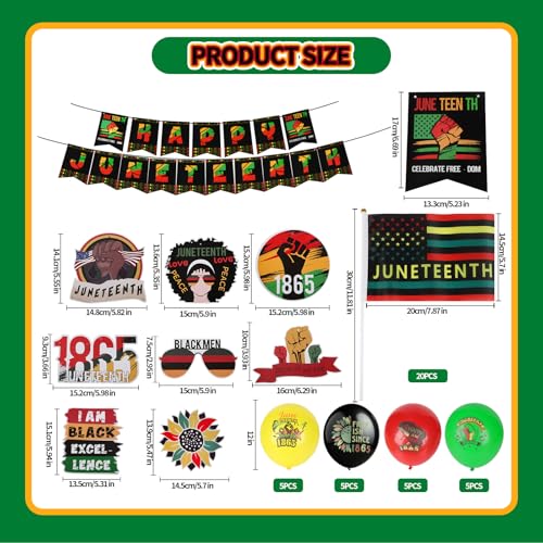 Image of Juneteenth Decorations Set, 20 Pack Small Juneteenth Flag Stick 5''x8'', Balloons, Banner, Backdrop, Hanging Swirls for Party