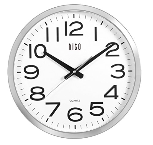 HITO Silent Wall Clock Non Ticking Large Oversized Excellent Accurate Sweep Movement Glass Cover, Modern Decorative for Kitchen, Living Room, Bathroom, Bedroom, Office, Classroom (16 inches, Chrome)