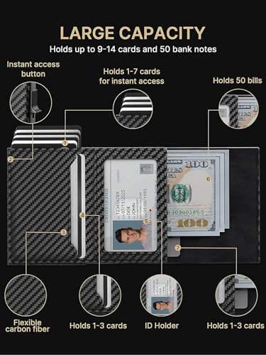 Mens Pop Up Wallet for AirTag: Premium Genuine Leather, RFID Blocking, Smart, Minimalist, 9-14 Card Capacity, ID Window, Cash Slot (Carbon Fiber)2