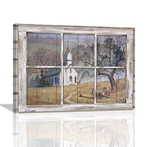 Country Church Wall Art Christian Church Pictures Wall Decor 3D Window Church Canvas Painting Print Rustic Religion Faith Farmhouse Home Decor Artworks Framed for Living Room Bedroom Office 16"x12"