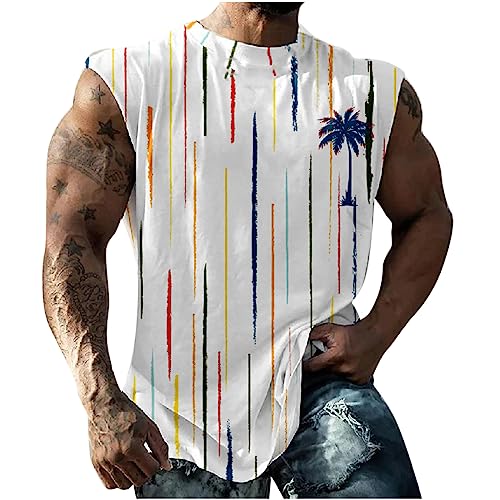 Mens Workout Shirts Summer Contrast Color Print Sport Athletic T Shirt Fashion Sleeveless Crew Neck Tank Top 2023 Men Shirts Casual Yellow 3X