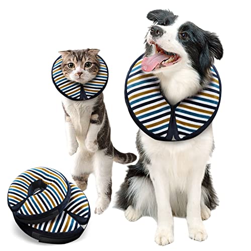 OBERKAM Inflatable Dog Collar, Super Soft Pet Recovery Collar for Dogs and Cats, Blue and White Stripes, PVC, Cotton, Adjustable, Medium, Prevent Licking, Biting, Chewing