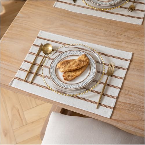 Caflife Boho Farmhouse Placemats Set of 4, Brown Stripes Cotton Linen Woven Table Mats for Modern Dining Table, 13x19 Inch Rustic Kitchen Decor Place Mats