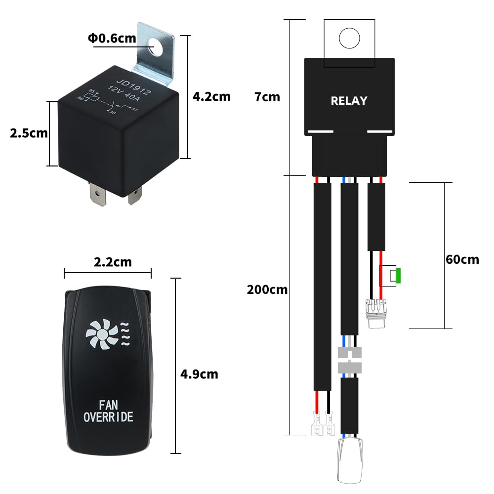 Control Harness Kit for Radiator Fan - DC12V 40A 1-on-1 Control Harness with Manual Override Switch, Allows Forced Fan Activation for Engine Cooling