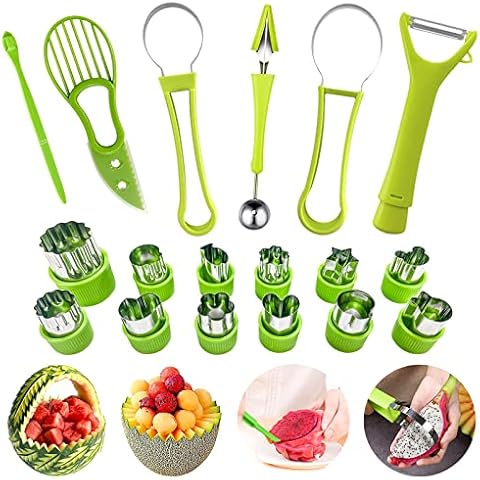 18pcs Fruit Slicer Peeler Set, FODIENS 4 In 1 Stainless Steel Melon Baller Scoop Fruit Carving Tools Set, Avocado Slicer Orange Peeler Fruits Vegetables Peeler with Mini Fruit Cookie Cutters Set Cover