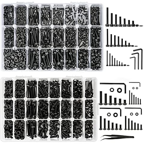 K Kwokker 1263PCS M2 M3 M4 Metric Bolt Assortment and 1255Pcs 24 Sizes M2 M3 M4 M5 Hex Button Head Screw Bolts and Nuts Kit Bundle, 1263PCS(4mm-30mm), 1255Pcs(8mm-25mm), Black Screws, Nuts and Bolts Cover