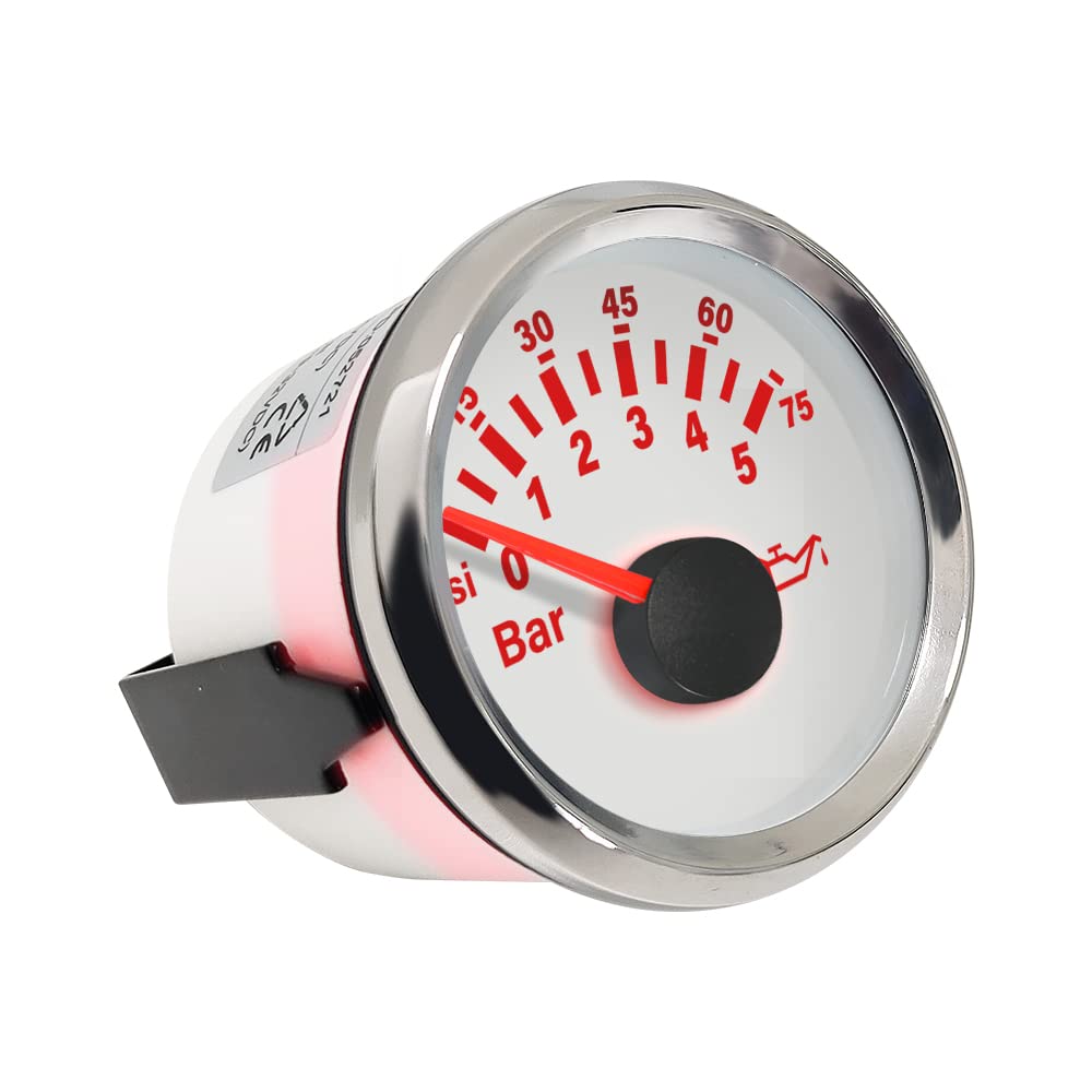 ELING Misuratore di pressione dell'olio impermeabile da 2 '' 0-5bar 0-75PSI con retroilluminazione 52mm (2") 9-32V per motoscafi per carrelli elevatori