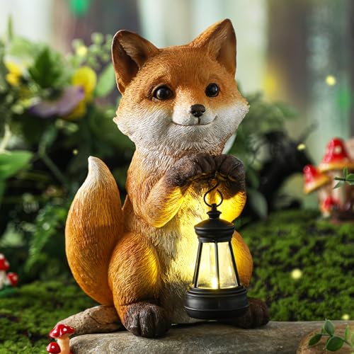 Thyle Statue de renard à énergie solaire pour décoration de jardin avec lanterne, statue de jardin pour extérieur, patio, porche, pelouse, cour, sculpture...