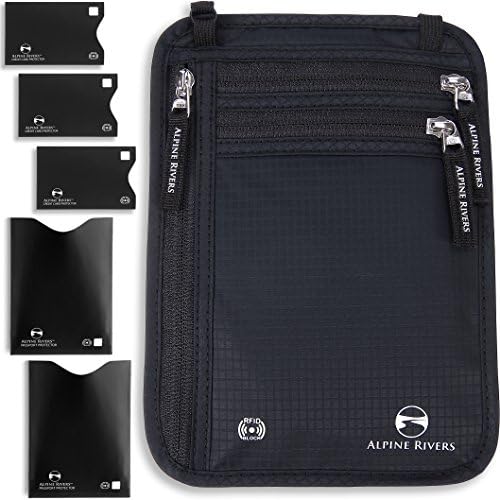 Alpine Rivers Neck Wallet Travel Pouch & Passport Holder - RFID Blocking plus 5 RFID Sleeves