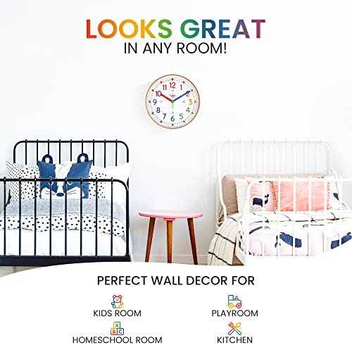 Oyster&Pop Kids Learning Wall Clock - Silent Non-Ticking Analog 10 Inch Teaching Clock for Classrooms & Bedrooms - Makes Telling Time Easy for Kids
