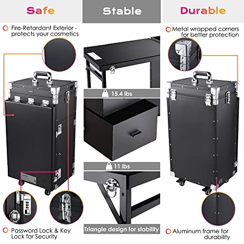 Byootique Foldable Rolling Manicure Table Nail Desk Makeup Train Case Cosmetic Trolley Travel Organizer Nail Tables For Makeup Salon Technician Workstation With 4 Drawers Speaker & Mirror, (Black) #TOP7