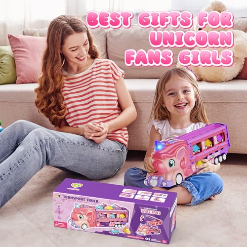 Hot Bee Girls Toy Car Set with Unicorn Toys Truck - 6 Princess Cars & 2-Player Fold Out Track with Light & Sound - Friction Power Car Toys Birthday Gifts for 3, 4, 5, 6, 7 Year Old Toddler Girl
