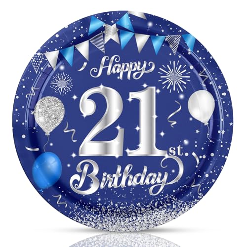 Fitoyplak 21st Birthday Decorations for Him,50Pcs - 7Inch Dessert Plates 21 Year Old Party Plate Sets Blue and Silver 21st Birthday Plates for 21 Year Old Party Decorations Supplies