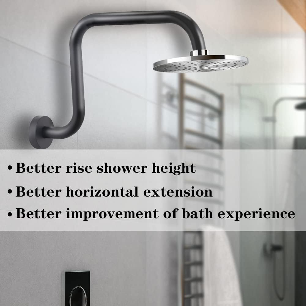 13 Inch High Rise Shower Arm Extension, Fixed Shower Head Extension Arm for Rain Shower Head, S Shaped Shower Head Extension with Flange,Standard 1/2"G Connection Matte Black