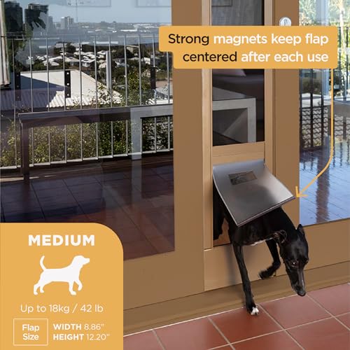 Hakuna Pets Patio Pet Door Screen Insert Panel for Sliding Doors, Fits Door Track Min Ht 61.02\" to Max Ht 84.25\", UV Resistant Mesh, Locking Magnetic Dog Door, Easy Install and Removal, Medium, Bronze