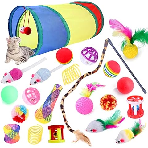 JIEOU 22 PCS Cat Kitten Toys Set,ncluding Interactive Feather Teaser Toy, Mouse Tumbler, Mylar Crinkle Balls Bells Toys with Collapsible Tunnel (Random Color) Cover