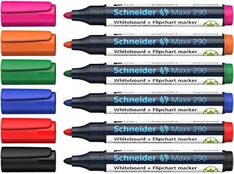 Schneider Maxx 290 Markery do białych tablic i flipchartów, okrągła końcówka, grubość kreski 2-3 mm, zmywalne na sucho, wysoka jakość, mocne i intensywne kolory, 6 kolorów