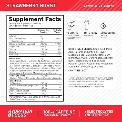 Image of Optimum Nutrition Amino Energy Powder Plus Focus, with BCAA, Electrolytes, and Caffeine, Strawberry Burst, 65 Servings (Packaging May Vary)