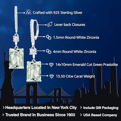 Gem Stone King 13.50 Cttw Green Prasiolite Dangle Earrings For Women | 925 Sterling Silver | Gemstone Birthstone | Emerald Cut 14X10MM2