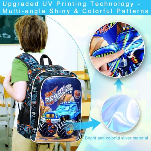 Image of 3Pcs Truck Backpack for Boys, 16 inch Bookbag with Lunch Box, Kids School Backpacks Set for Elementary Preschool Kindergarten (Balck)