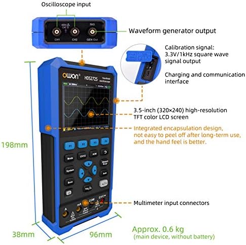 OWON HDS272S Handheld Oscilloscope,20000 Counts Digital Multimeter, 2-CH Digital Oscilloscope Portable 3 in 1 Universal Test Instrument, 1-CH Generator 70Mhz Bandwidth USB with 3.5 inch LCD Display