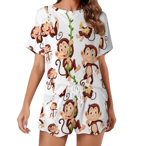 Pyjama femme singe dessin animé en coton léger pour nuit d'été et détente à la maison