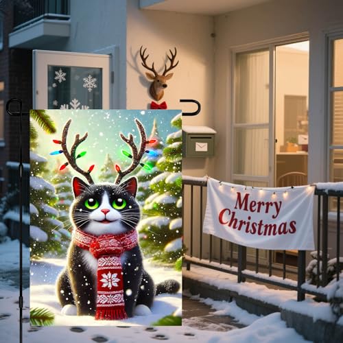 Image of BlissYard Christmas Cat Garden Flag 12x18 Inch Holiday Reindeer Antlers Lights Yard Banner Winter Outdoor Decoration Double Sided Cute Kitty with Red Scarf Seasonal Porch Lawn Flag