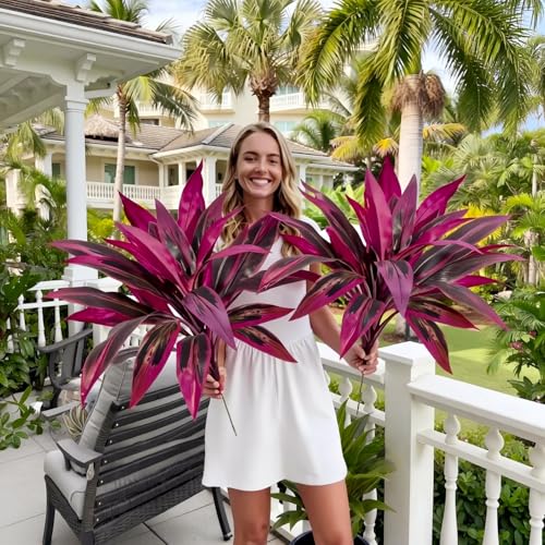UV Resistant Lifelike Artificial Boston Fern, Large Fake Plants Boston Agave Ferns for Outdoor, Realistic Plastic Greenery Faux Hanging Silk Fern Stems for Front Porch Home Garden (2, Agave(red))
