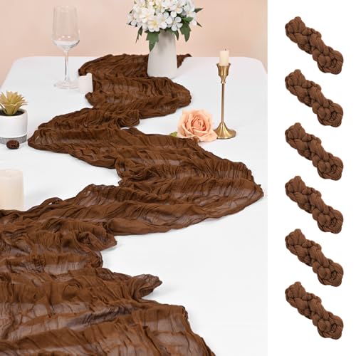 6 Pack Brown Cheesecloth Table Runner 10FT Cheese Cloths for Wedding Decor, 20x120inch Rustic Boho Gauze Table Runners for Wedding Party Bridal Shower Table Decoration