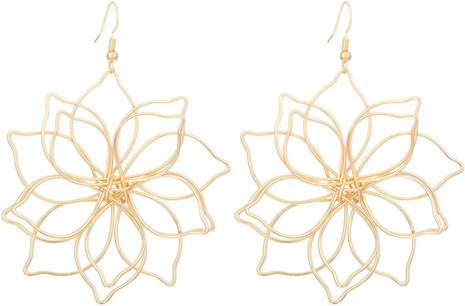 Boho Big Gold Wire Flower Earrings for Women, Simple Large Hollow Floral Drop Dangly Earring Charm Silver Trendy Dangling Ear Aesthetic Jewelry Gifts - Image 7
