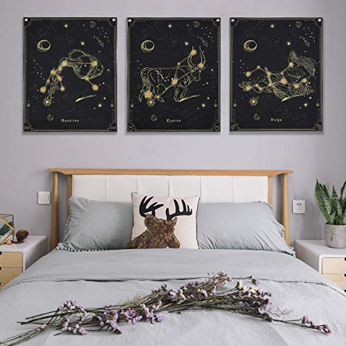 Pocass Constellation Aquarius Tapestry Wall Hanging, Black And Gold Zodiac Tarot Tapestry, Aquarius Moon Stars Wall Tapestries With Steel Grommets, Seamless Nails, 19.6"X23.6" #TOP2