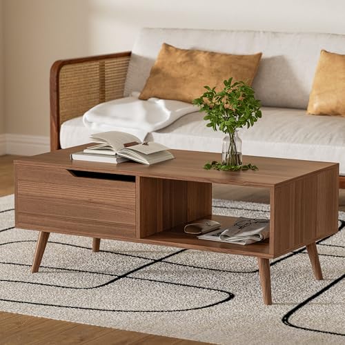 DIYART Brown Coffee Table, Mid Century Modern Coffee Table with Drawer & Shelf, 39'' Wooden Simple Console Table for Living Room