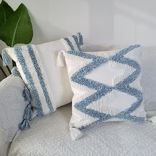 Tinysun White Blue Boho Decorative Throw Pillow Covers Set Of 2,Super Soft Woven Tufted Velvet Pillowcase With Tassel Classic Wave Line Pattern Fall Floor Pillow For Sofa Couch (White,Blue, 18"X18") #TOP1