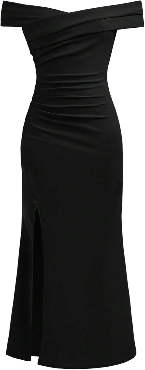 SHENHE Girl's Off The Shoulder Dress Slit Ruched Bodycon Wedding Guest Graduation Party Dress