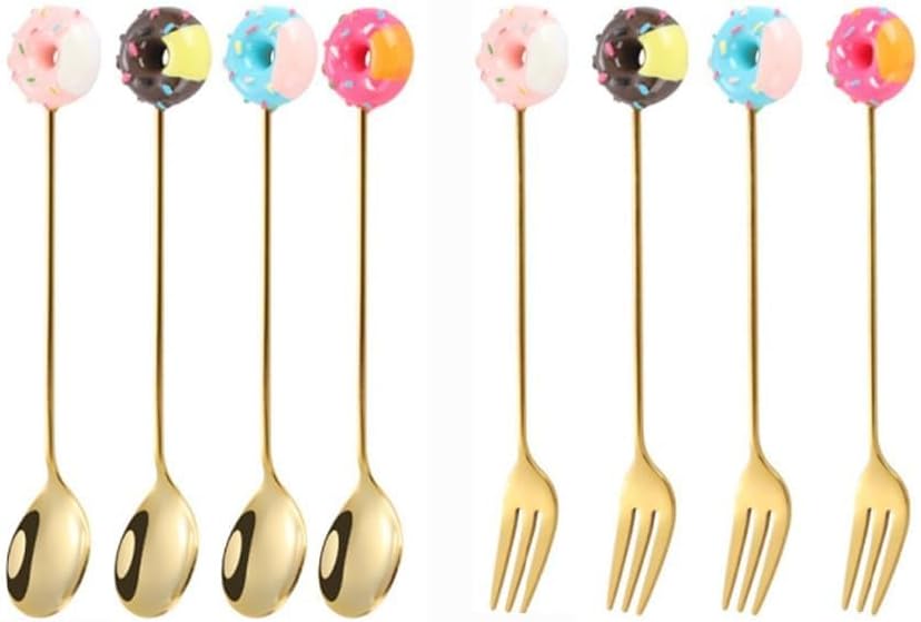 5.5in Mini Cute Cartoon Stainless Steel Coffee Dessert Spoon Children's Spoon Fruit Fork Dessert Cake Fork Teaspoon (Donuts 8 pieces,Gold)