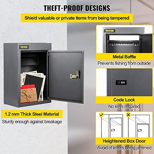 VEVOR Buzón para Vallas Acero de Espesor de 1,2 mm Buzón Empotrado con Bloqueo de Código 31,7 x 16 x 42,9 cm Buzón para Paredes y Muros de Vallas Buzón Gris Resistente a la Lluvia para Hogar Oficina