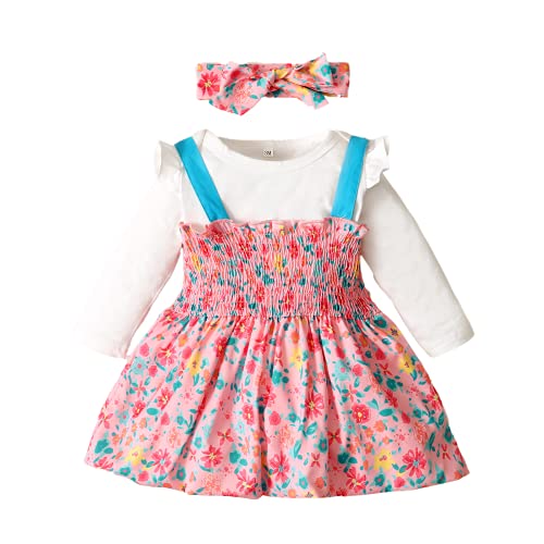 Toddler Girl Fall Outfits Set Ruffle Bodysuit + Smocked Suspender Skirt Pink 6M