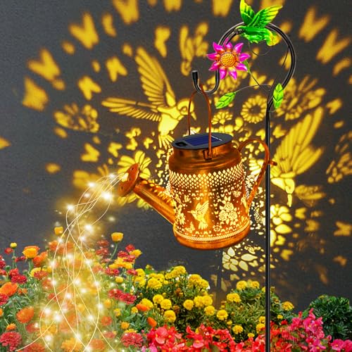 Big Solar Lanterns Outdoor Waterproof, Gifts for Mom Grandma Women Wife Daughter Mother's Day, Hummingbird Watering Can Garden Decor with Shepherd Hook, Hanging Solar Lights Yard Outside Patio Decor