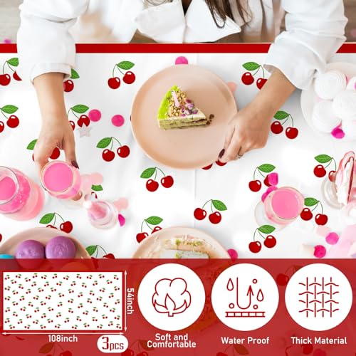 Image of Zhehao 3 Pcs 54x108 Inch Cherry Tablecloth Decorations Disposable Plastic Table Cover Rectangle Table Runner for Bachelorette Bridal Shower Baby Shower Party Decor Supplies