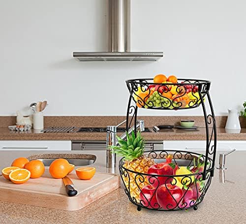 2 Tier Fruit Bowl,Countertop Fruit Basket Vegetable Rack Fruit Tray For Kitchen Fruit and Vegetable and Counter Snack Storage Black