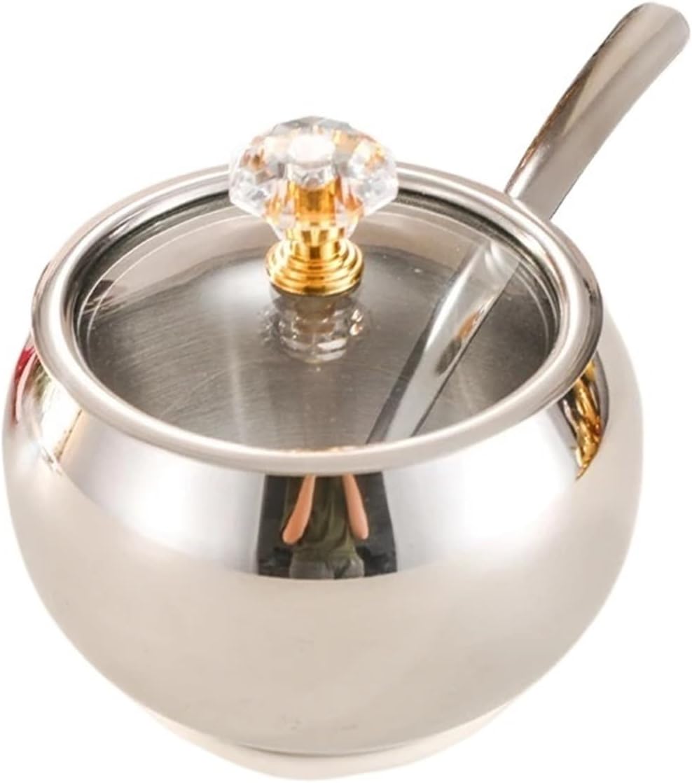 Gold Sugar Bowl Household Kitchen Condiment Pots for Serving Sugar Pepper Salt Spice Stainless Steel Sugar Bowl with Lid & Spoon(3pcs-Gold)