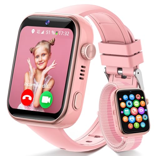 4G Smartwatch Kinder mit Videoanruf und Telefon, IP68 Wasserdicht Kinderuhr Voice Chat, WhatsApp, WiFi, GPS, SOS, SMS, Schulmodus, Schrittzähler, Schlafen Wecker Kinderuhr für Mädchen und Jungen, Rosa
