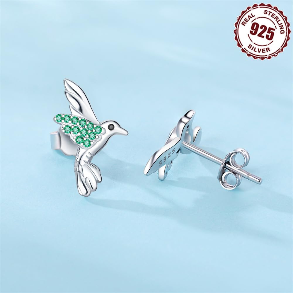 925 Sterling Silver Little Flying Hummingbird Stud Earrings, Green CZ Wings,Adorable Nature-Inspired Bird-Themed Jewelry Gift - Image 3