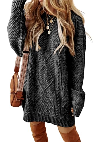 KevaMolly Womens Long Sleeve Sweaters Cable Knit Drop Shoulder Loose Fit Sweater Dress