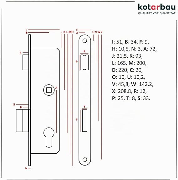 KOTARBAU Mortise Lock 72/34 BB Counter Plate Galvanised Left/Right Tubular Frame Lock Door Lock Indoor/Outdoor Security Lock (Left)